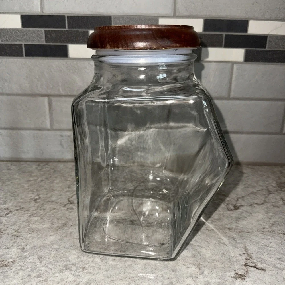 Vtg Glass 3 Canister Set Blue Heart Wood Top Counter Rack Farmhouse Kitchen